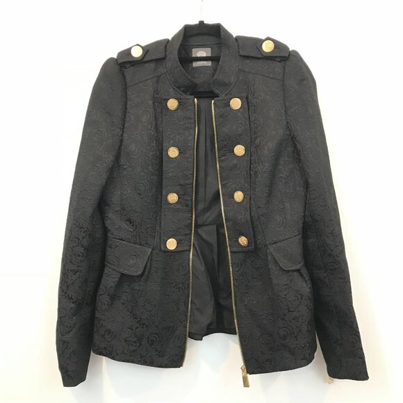 Black Jacquard Military Style Jacket Gold Button Zipper Vince Camuto Size M - Picture 5 of 13